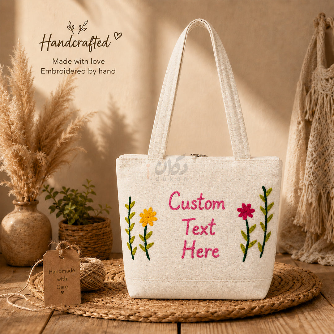 Custom Design Embroidered Canvas Tote Bag | Personalized Handmade Shoulder Bag for Women