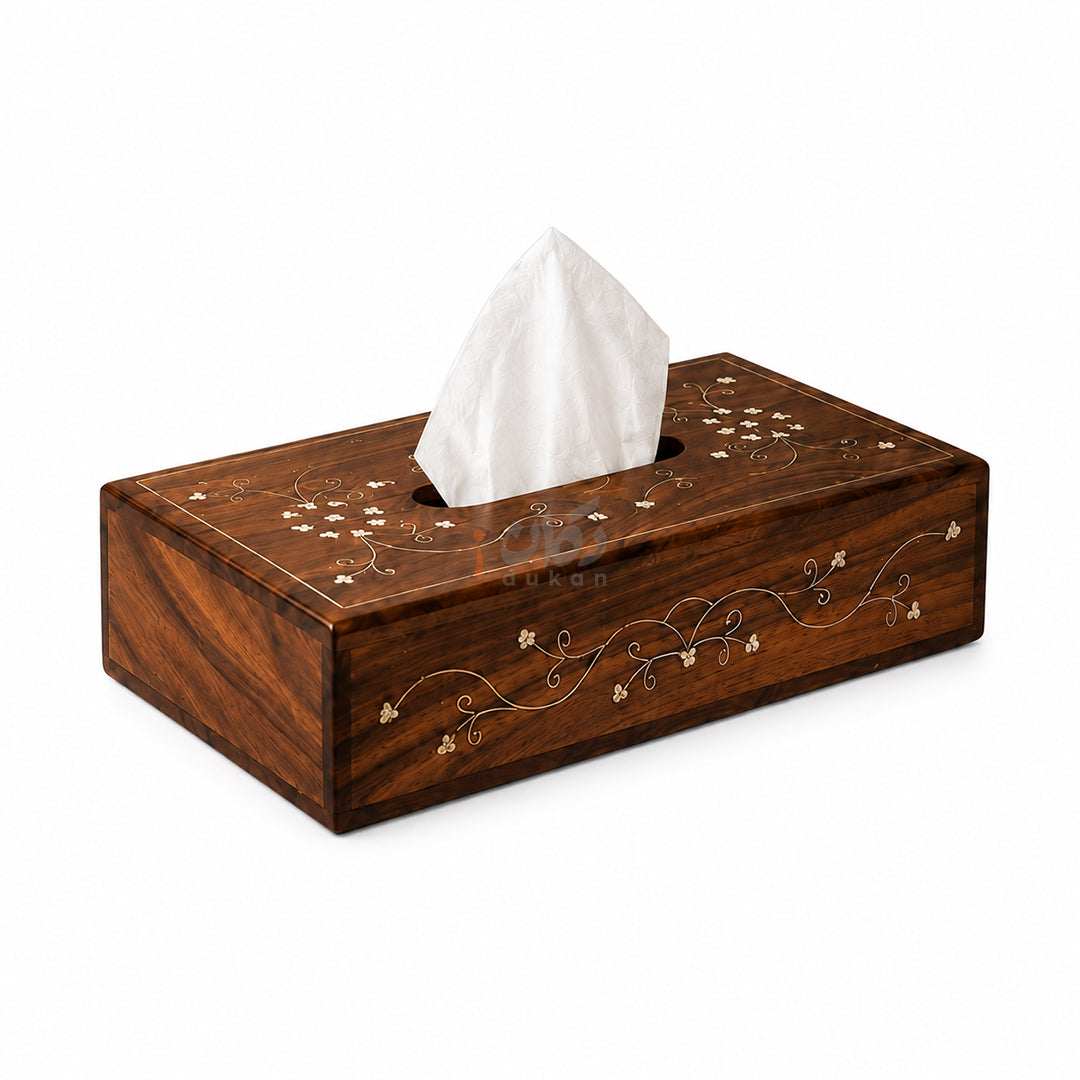 Wooden Tea Coaster & Tissue Box Set – Hand Brass Work Sheesham Wood