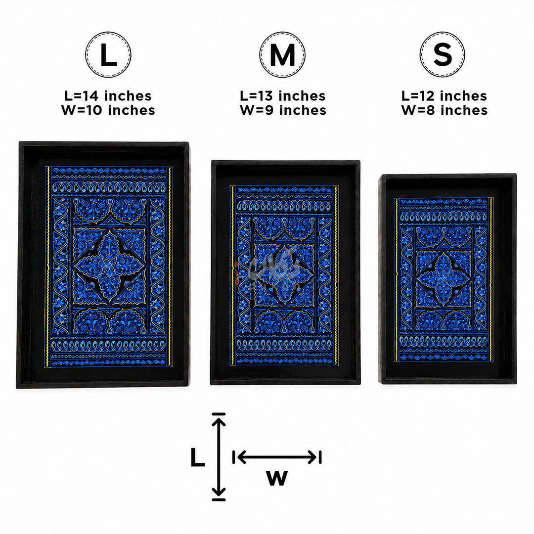 Naqshi Art Wooden Serving Tray Set – Handcrafted for Decorative and Serving - Blue Color
