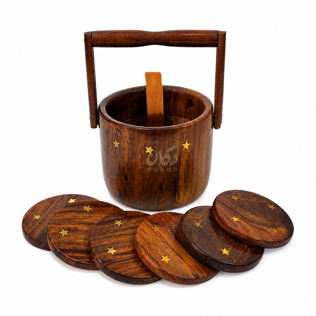 6 Pieces Solid Sheesham Wood Tea Coaster Set with Holder