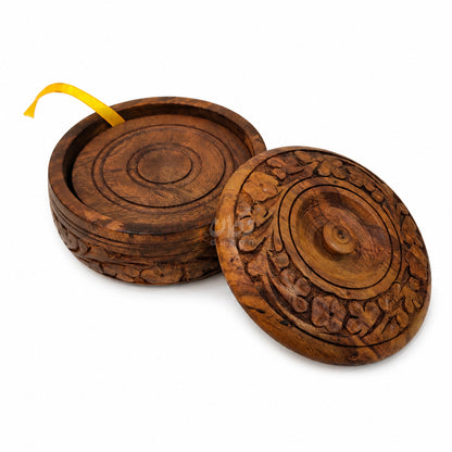 6 Pieces Solid Sheesham Wood Tea Coaster Set with Holder
