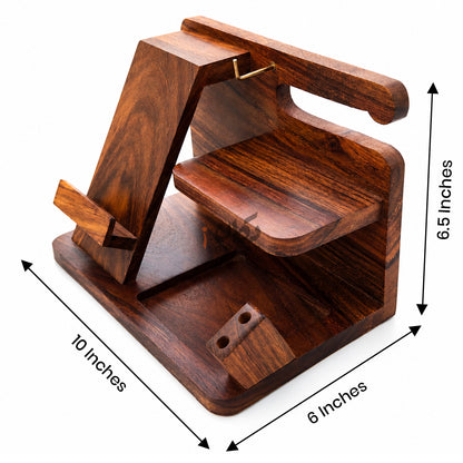 Solid Sheesham Wood Desk Organizer | Phone Docking Stand Watches Key Holder