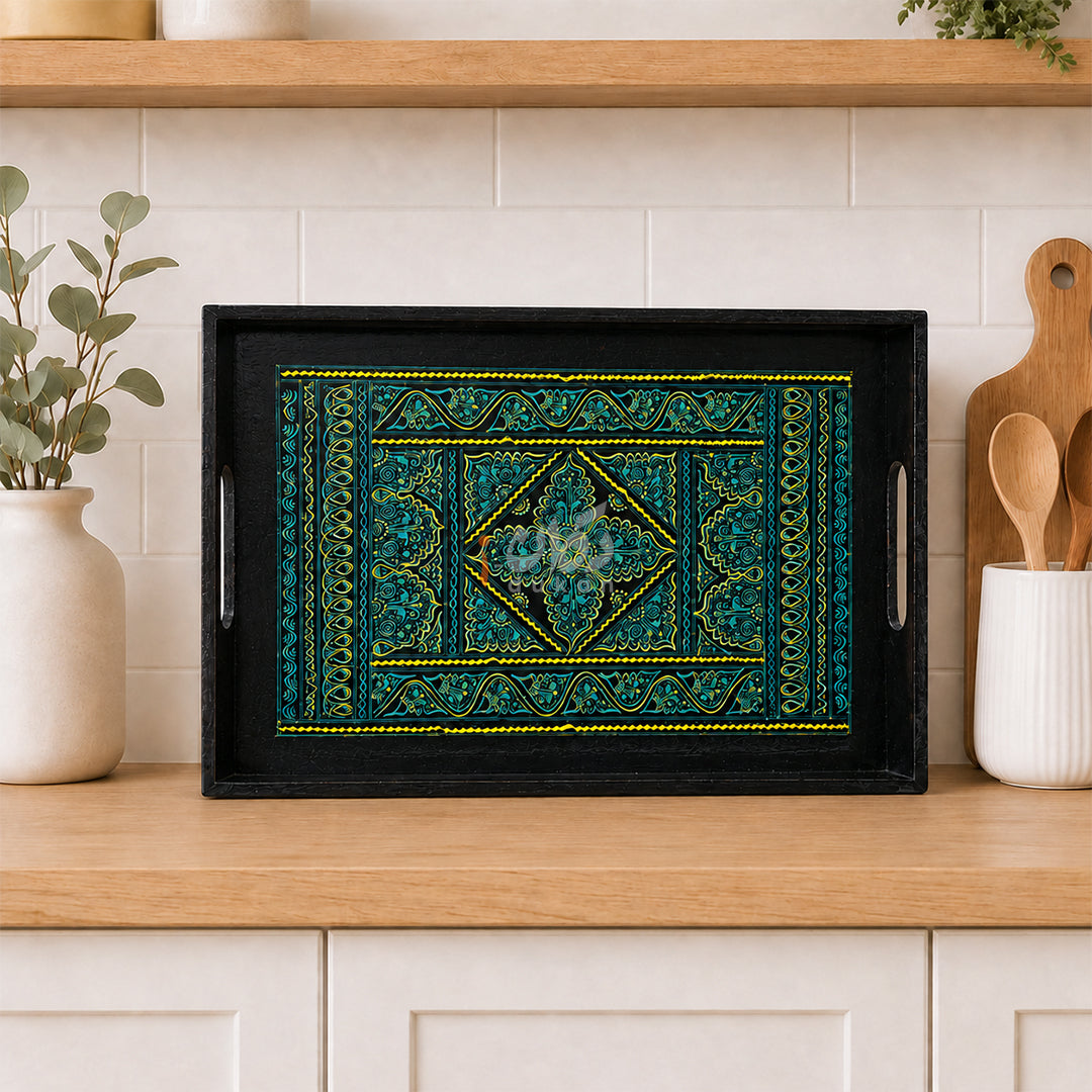 Naqshi Art Wooden Serving Tray Set – Handcrafted for Decorative and Serving - Green