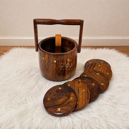 6 Pieces Solid Sheesham Wood Tea Coaster Set with Holder