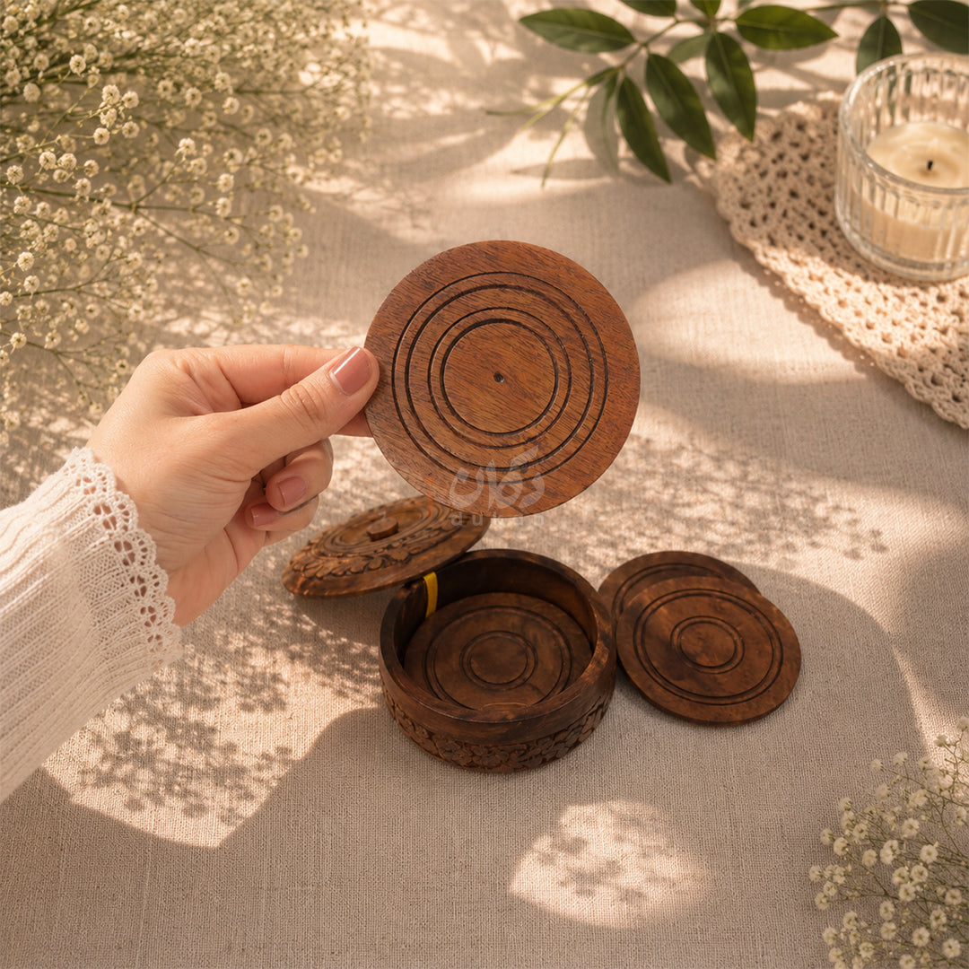 6 Pieces Solid Sheesham Wood Tea Coaster Set with Holder