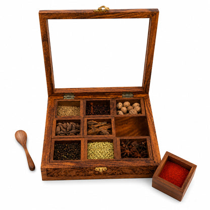 Wooden Spice Box with Transparent Glass Lid on Top Multipurpose  Moveable Containers with Spoon