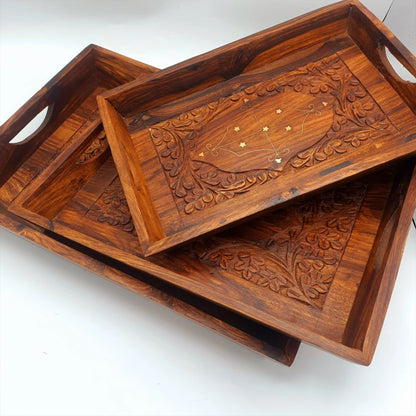 Pure Wood Hand Carving Serving Tray Set of 3 With Handles