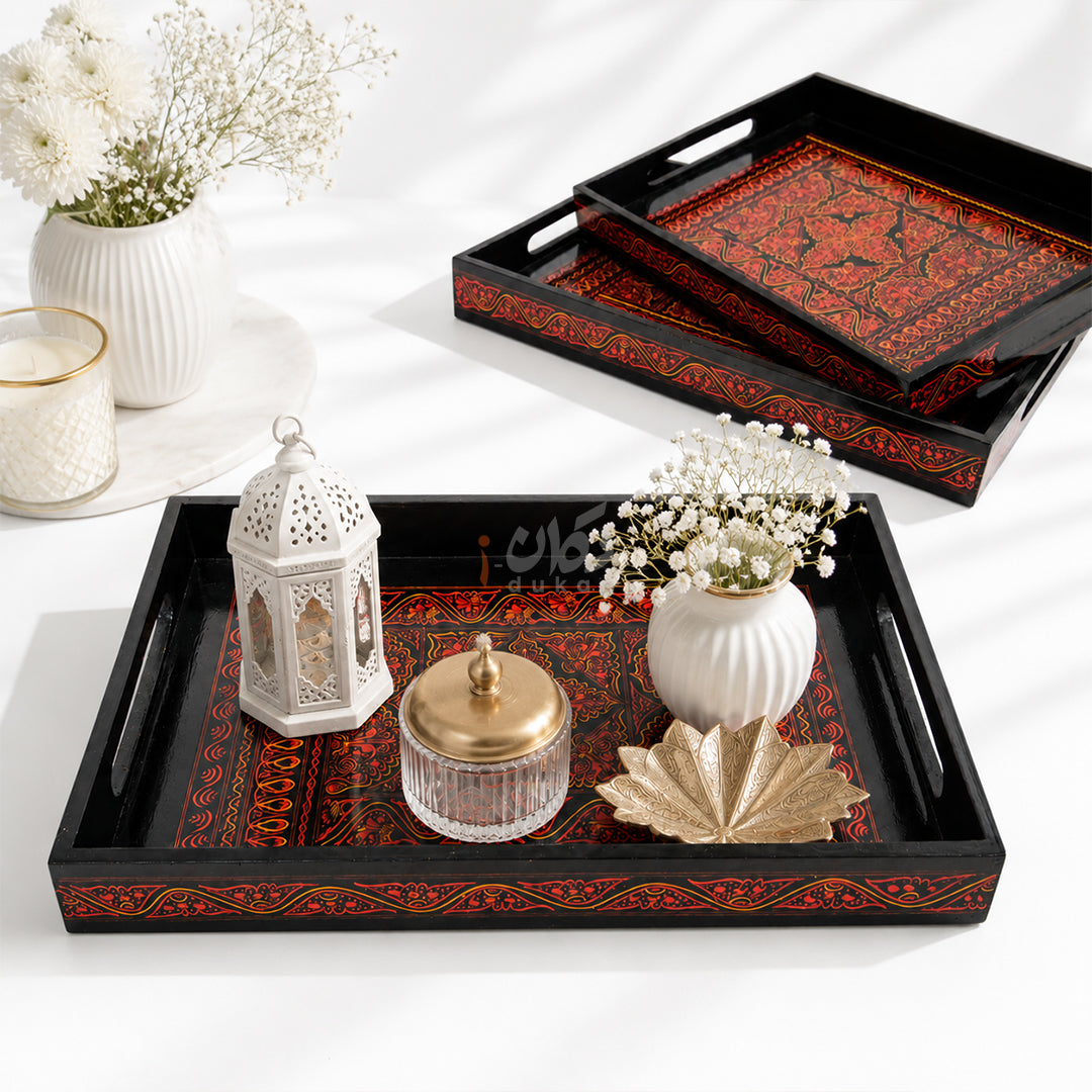 Naqshi Art Wooden Serving Tray Set – Handcrafted for Decorative and Serving - Red Color