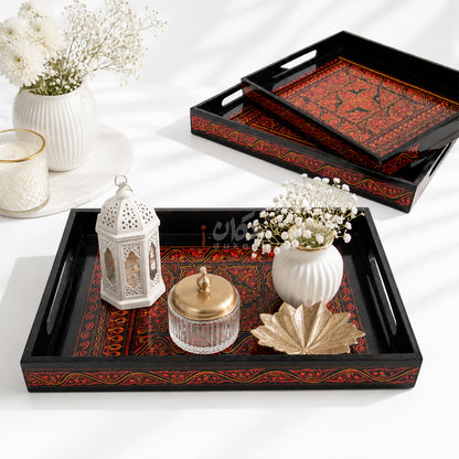 Naqshi Art Wooden Serving Tray Set – Handcrafted for Decorative and Serving - Red Color