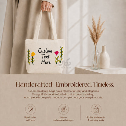 Custom Design Embroidered Canvas Tote Bag | Personalized Handmade Shoulder Bag for Women