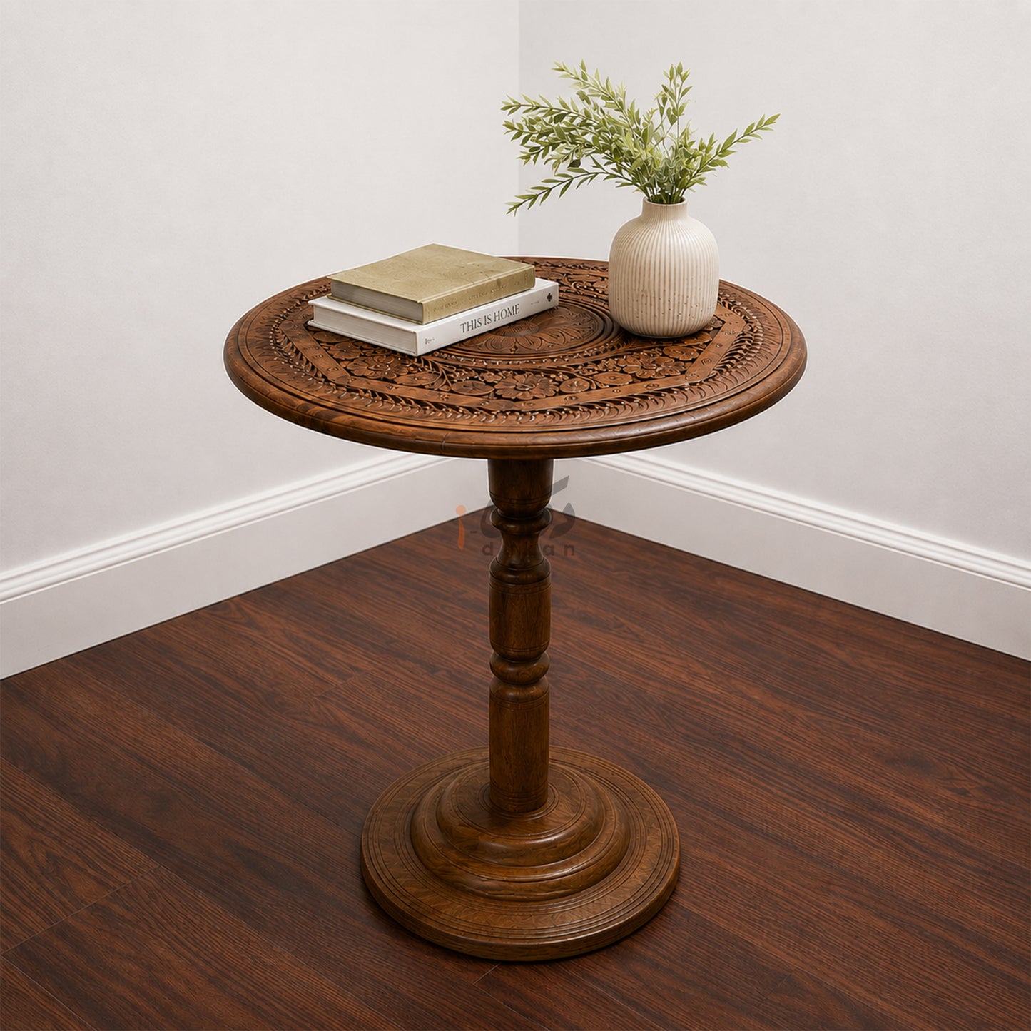 Hand Carving Pure Sheesham Wood Round Coffee Table