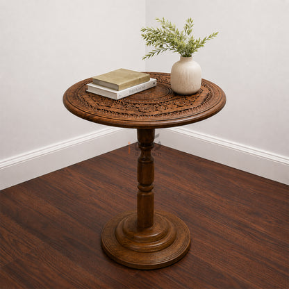 Hand Carving Pure Sheesham Wood Round Coffee Table