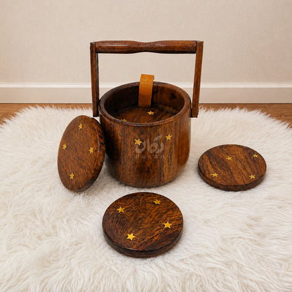 6 Pieces Solid Sheesham Wood Tea Coaster Set with Holder