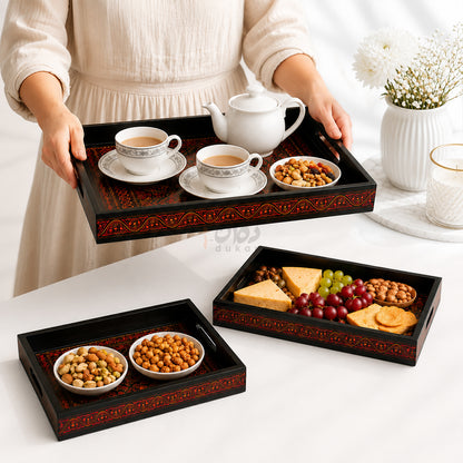 Naqshi Art Wooden Serving Tray Set – Handcrafted for Decorative and Serving - Red Color