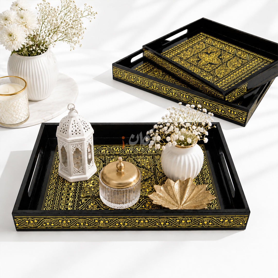 Naqshi Art Wooden Serving Tray Set – Handcrafted for Decorative and Serving - Yellow Color
