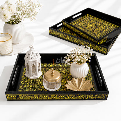 Naqshi Art Wooden Serving Tray Set – Handcrafted for Decorative and Serving - Yellow Color