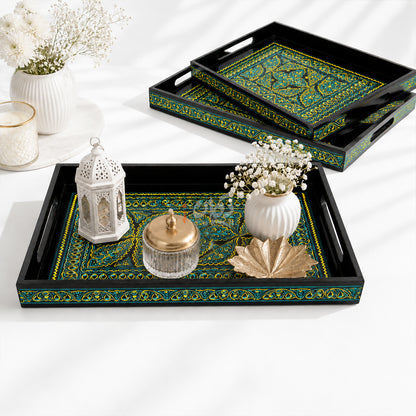 Naqshi Art Wooden Serving Tray Set – Handcrafted for Decorative and Serving - Green