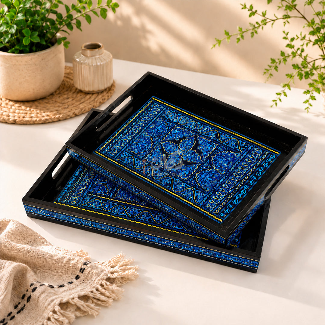 Naqshi Art Wooden Serving Tray Set – Handcrafted for Decorative and Serving - Blue Color
