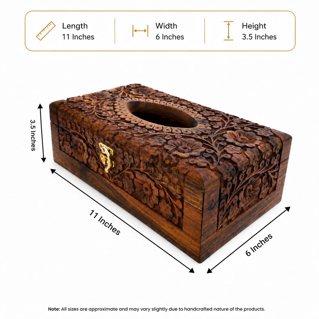 Handmade Wooden Tissue Box with Floral Hand Carving | Premium Sheesham Wood Storage Box