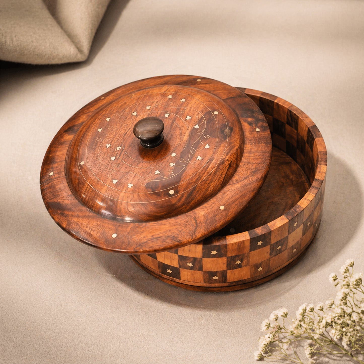 Handcrafted Brass Work Wooden Hotpot for Roti