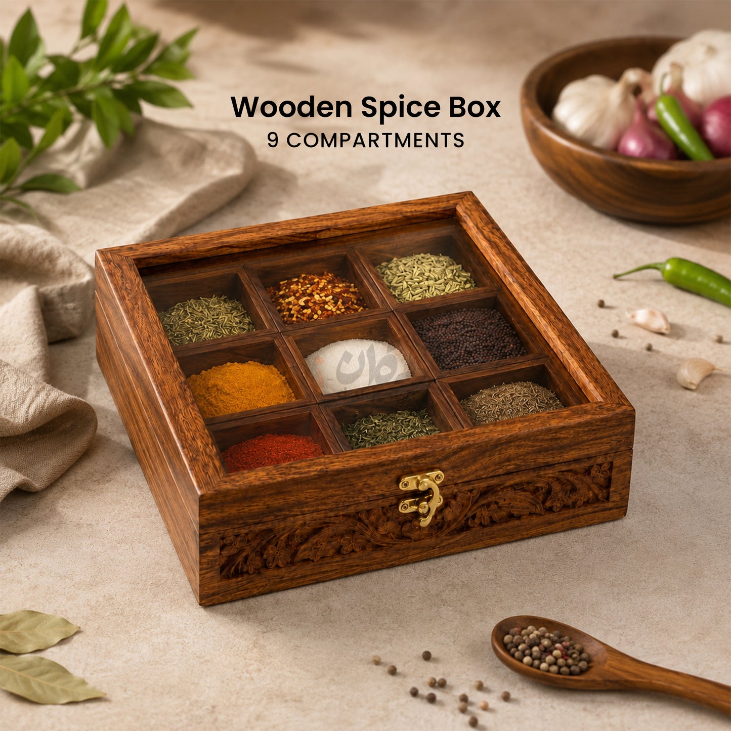 Wooden Spice Box with Transparent Glass Lid on Top Multipurpose  Moveable Containers with Spoon
