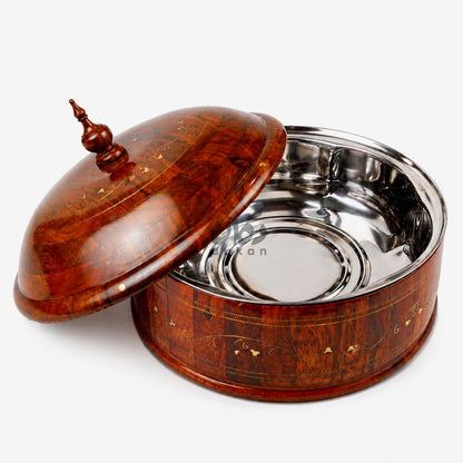 Handcrafted Brass Work Wooden Hotpot for Roti With Stainless Steel Bowl (12 Inches)