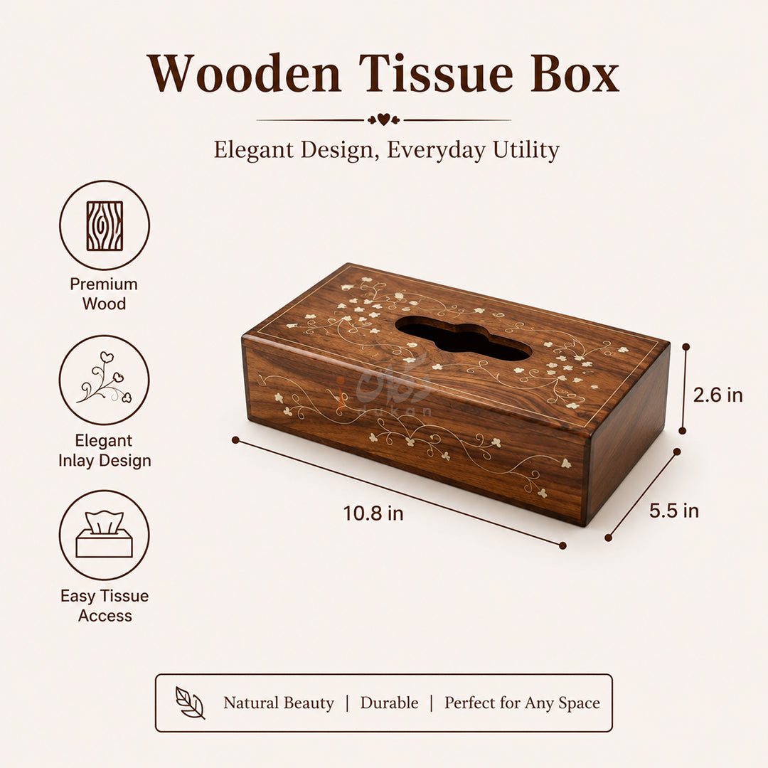 Wooden Tea Coaster & Tissue Box Set – Hand Brass Work Sheesham Wood