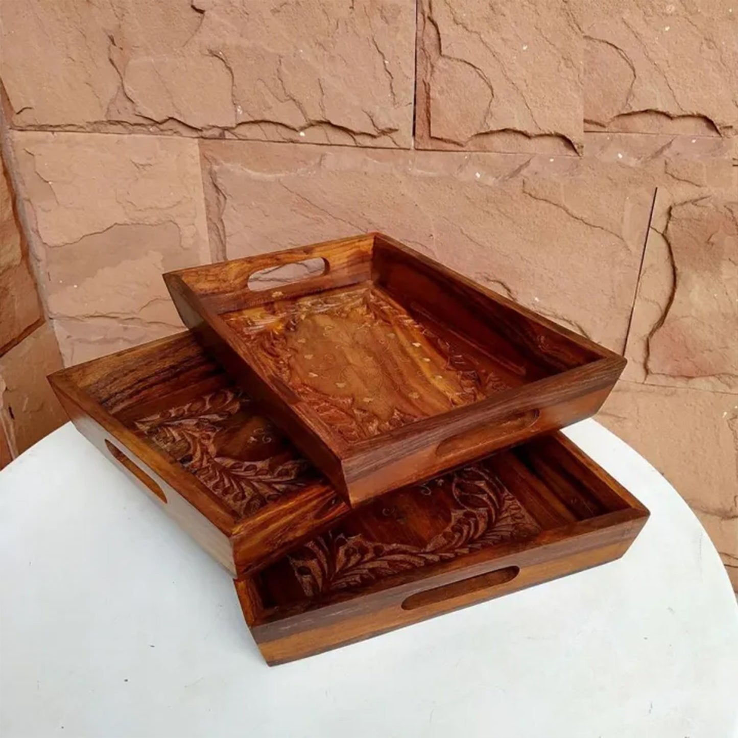 Pure Wood Hand Carving Serving Tray Set of 3 With Handles