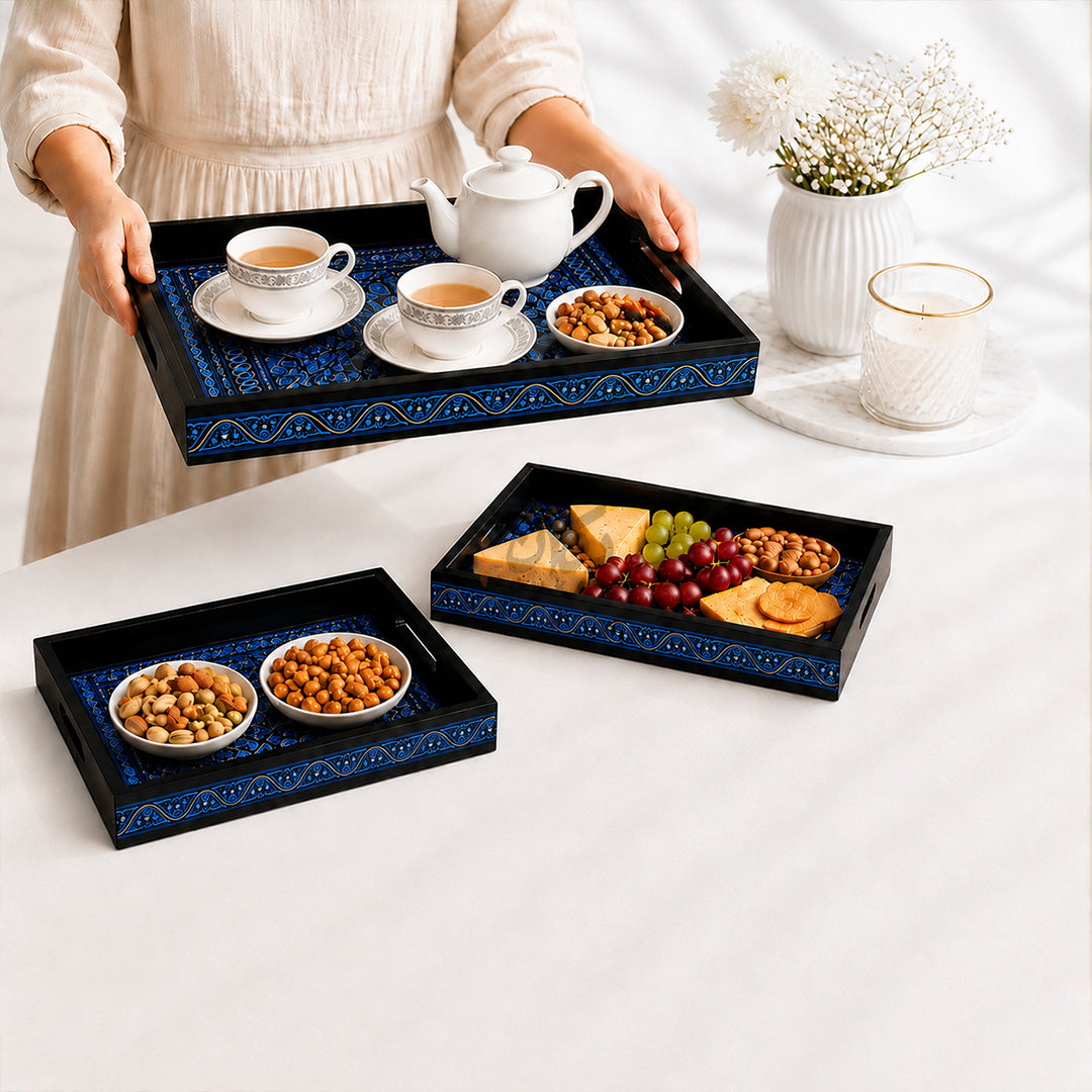 Naqshi Art Wooden Serving Tray Set – Handcrafted for Decorative and Serving - Blue Color