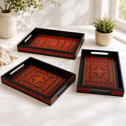 Naqshi Art Wooden Serving Tray Set – Handcrafted for Decorative and Serving - Red Color