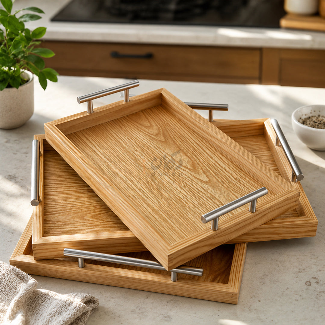 Kail Wood Set of 3 Serving Trays With Steel Handles