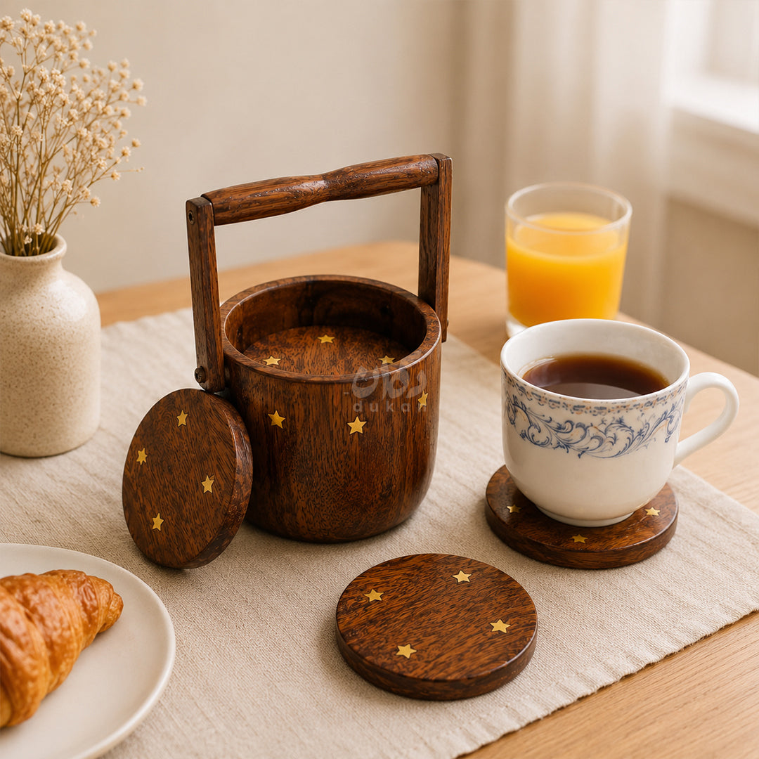 Wooden Tea Coaster & Tissue Box Set – Hand Brass Work Sheesham Wood