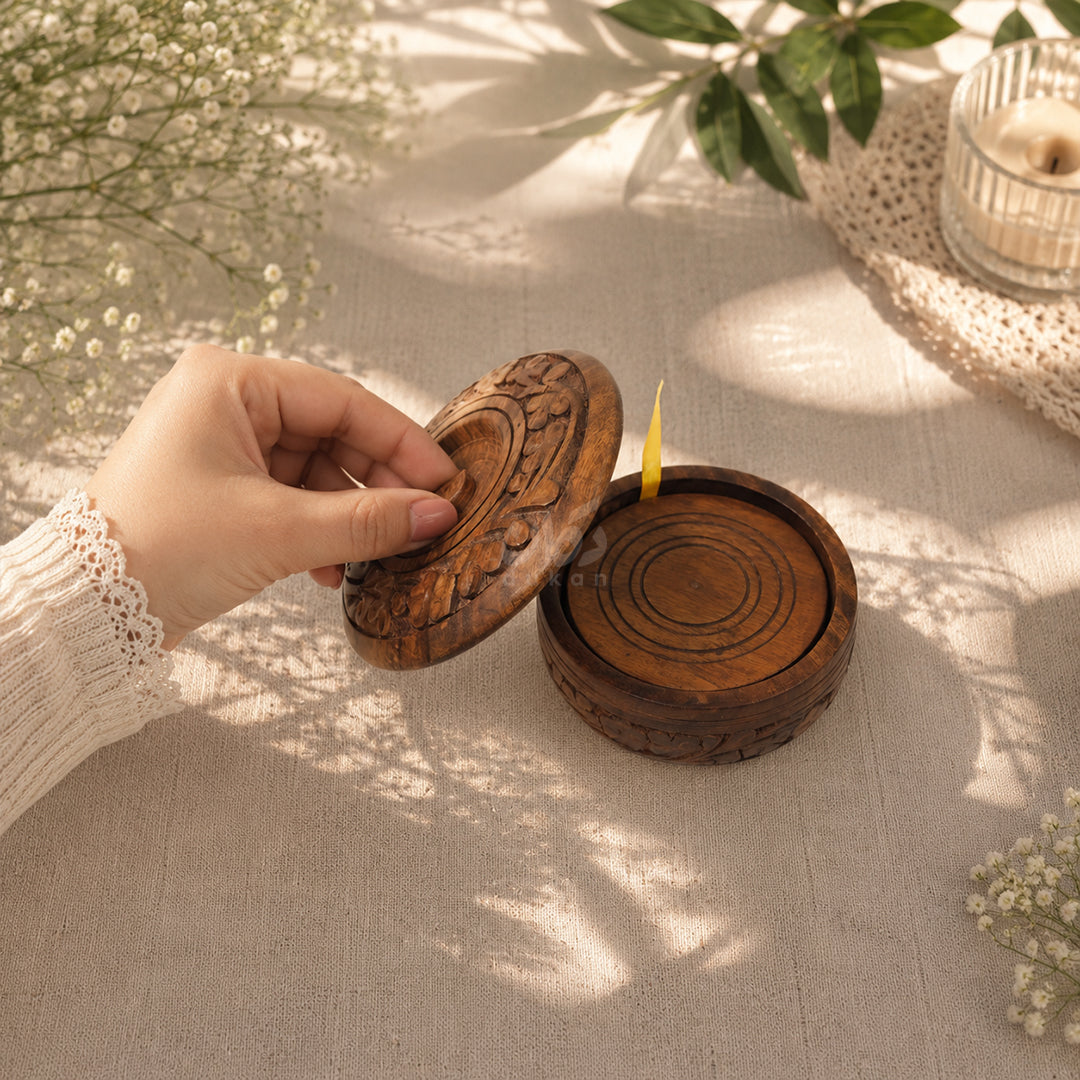 6 Pieces Solid Sheesham Wood Tea Coaster Set with Holder