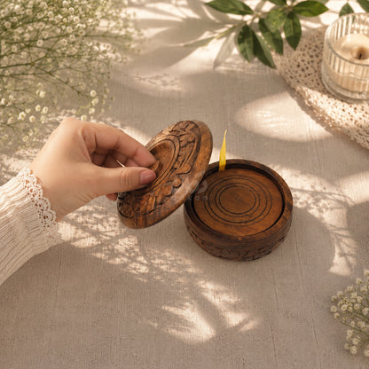 6 Pieces Solid Sheesham Wood Tea Coaster Set with Holder