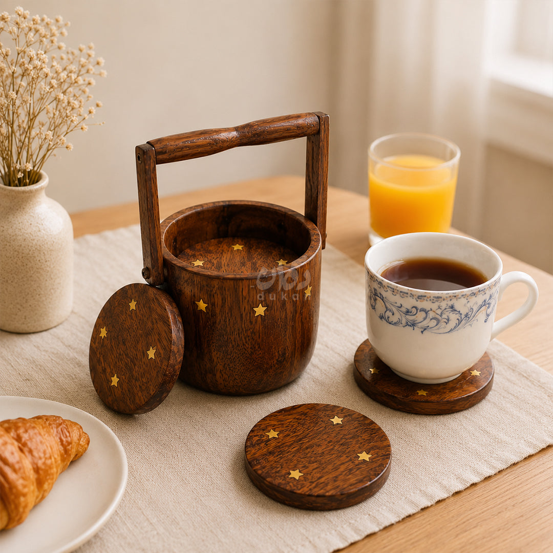 6 Pieces Solid Sheesham Wood Tea Coaster Set with Holder