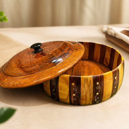 Handcrafted Brass Work Wooden Hotpot for Roti