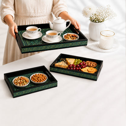 Naqshi Art Wooden Serving Tray Set – Handcrafted for Decorative and Serving - Green