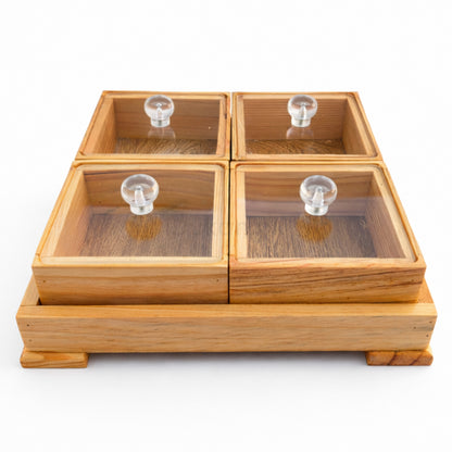 4-Piece Wooden Storage Box Set with Tray & Spoon