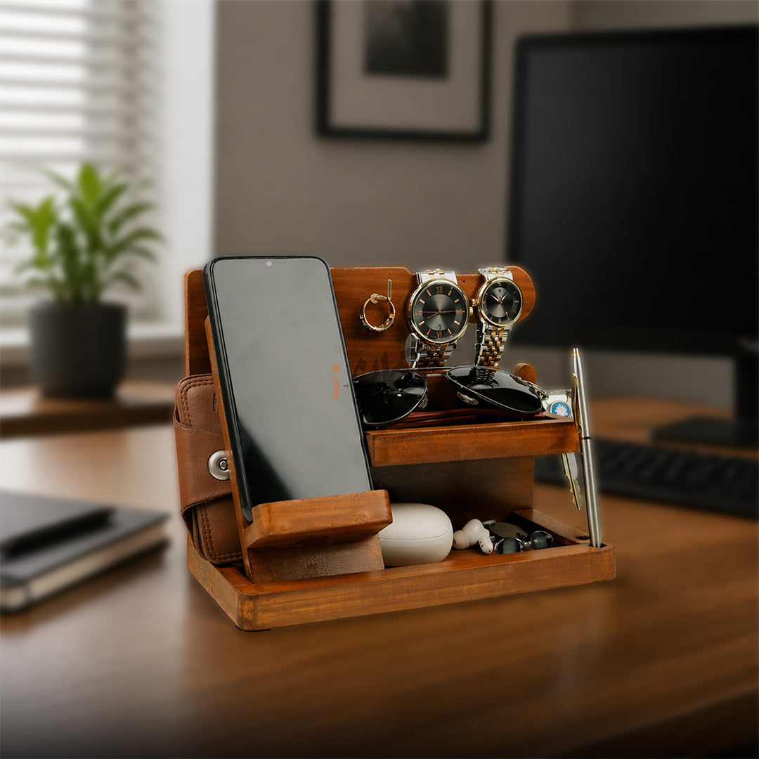 Wood MDF Desk Organizer | Phone Docking Stand Watches Key Holder
