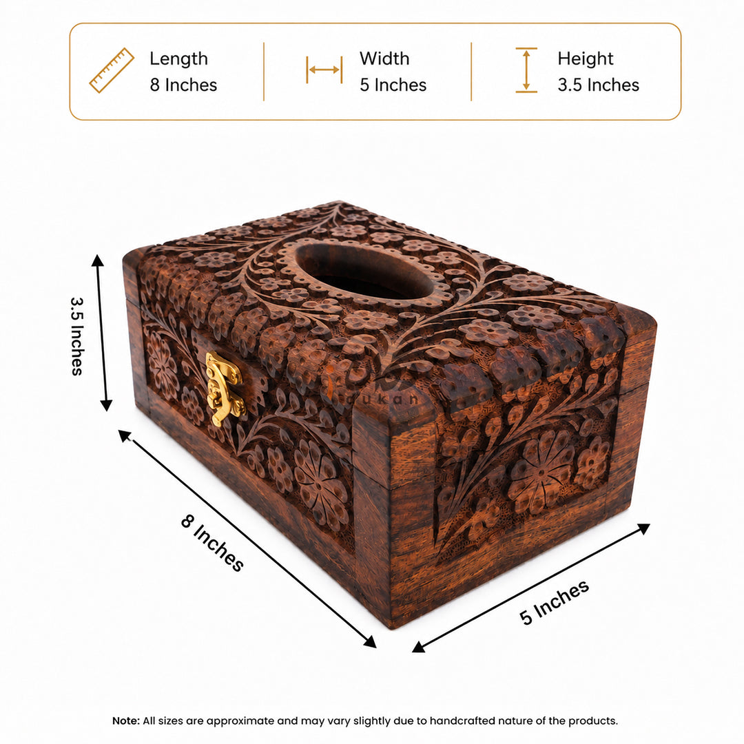 Handmade Wooden Tissue Box with Floral Hand Carving | Premium Sheesham Wood Storage Box