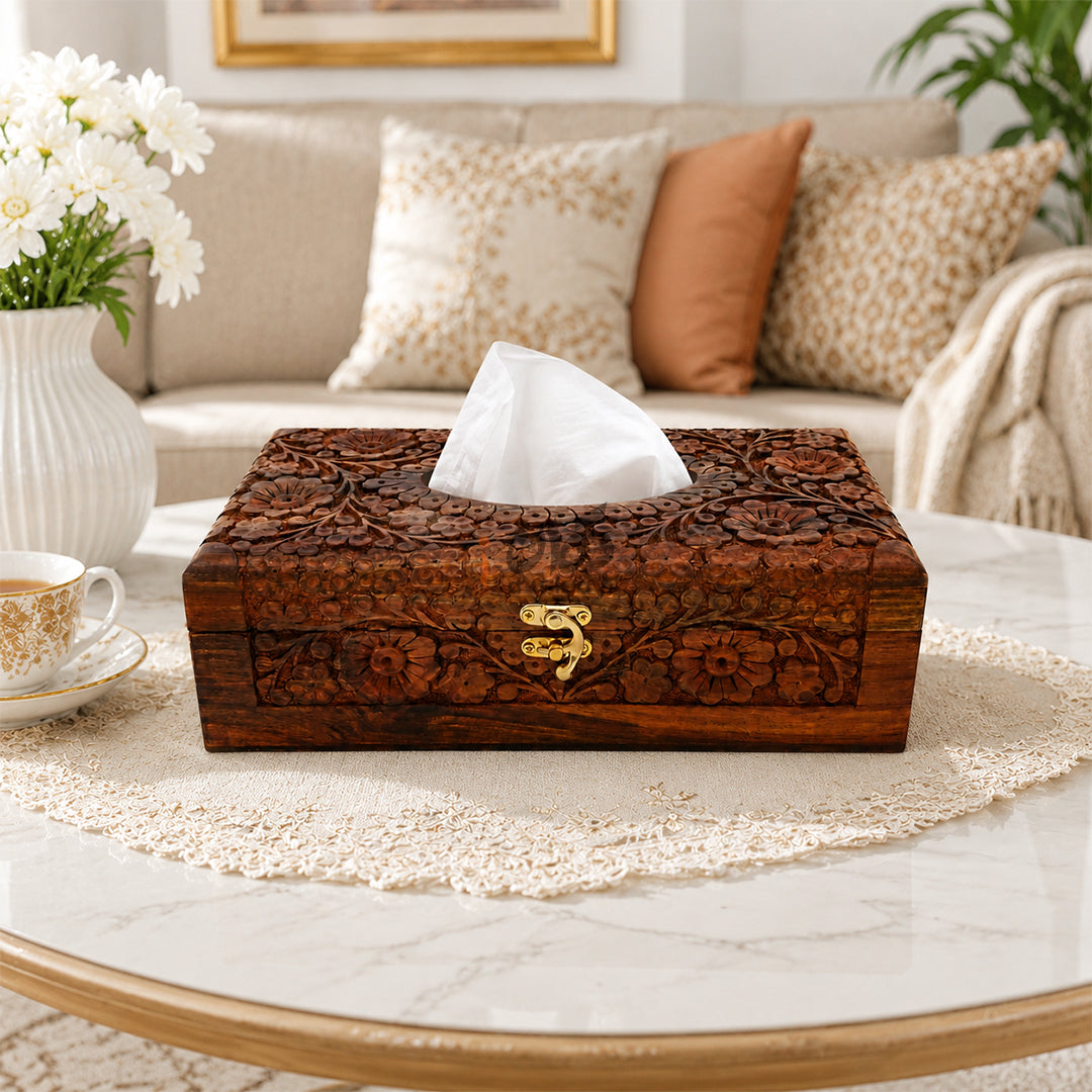 Handmade Wooden Tissue Box with Floral Hand Carving | Premium Sheesham Wood Storage Box