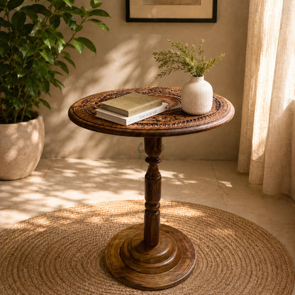 Hand Carving Pure Sheesham Wood Round Coffee Table