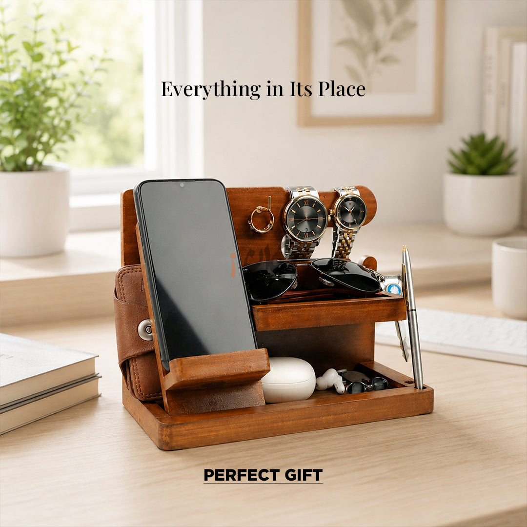 Wood MDF Desk Organizer | Phone Docking Stand Watches Key Holder