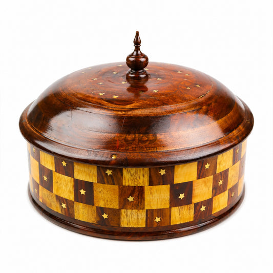 Handcrafted Brass Work Wooden Hotpot for Roti With Stainless Steel Bowl (12 Inches)