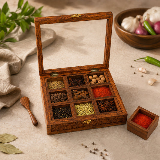 Wooden Spice Box with Transparent Glass Lid on Top Multipurpose  Moveable Containers with Spoon
