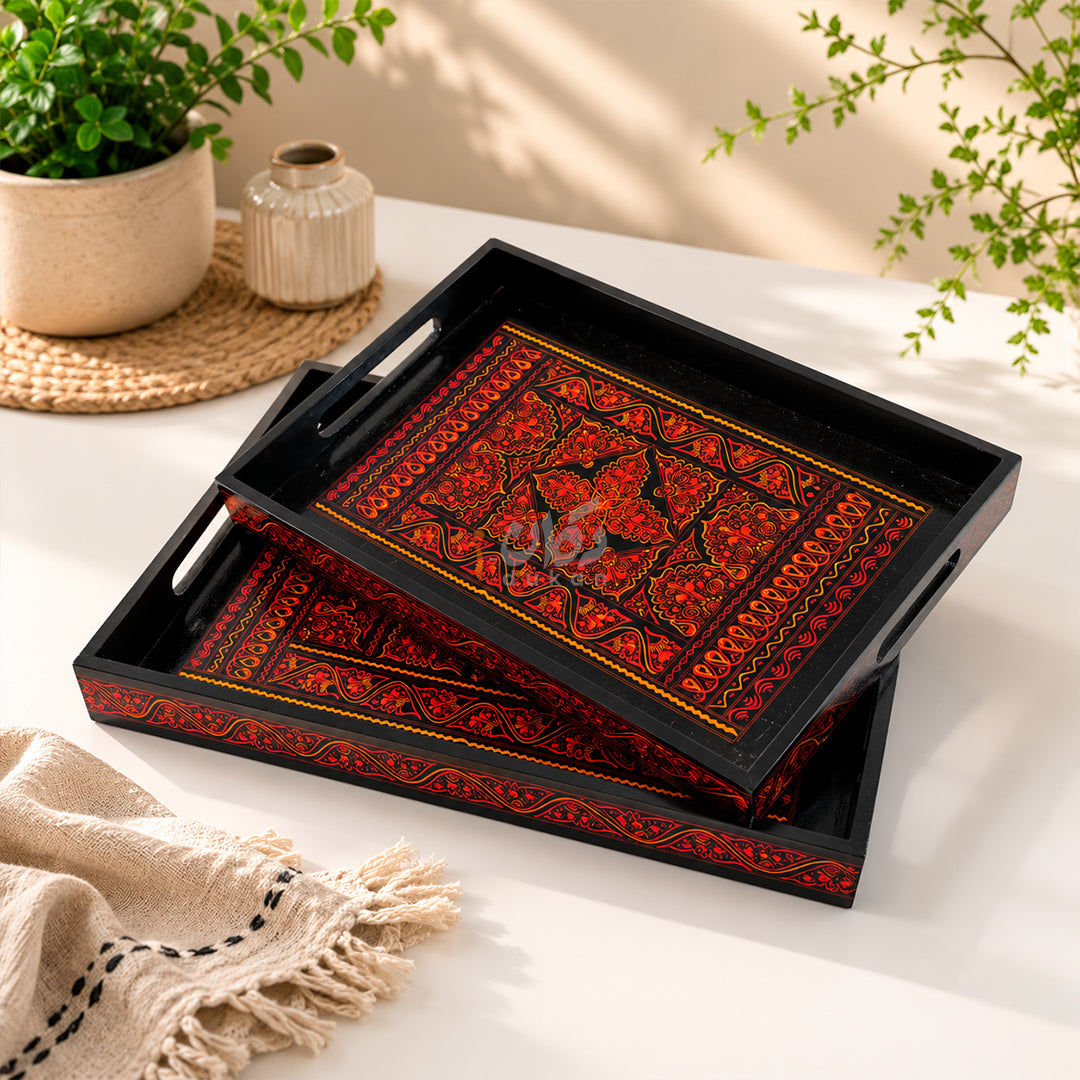 Naqshi Art Wooden Serving Tray Set – Handcrafted for Decorative and Serving - Red Color