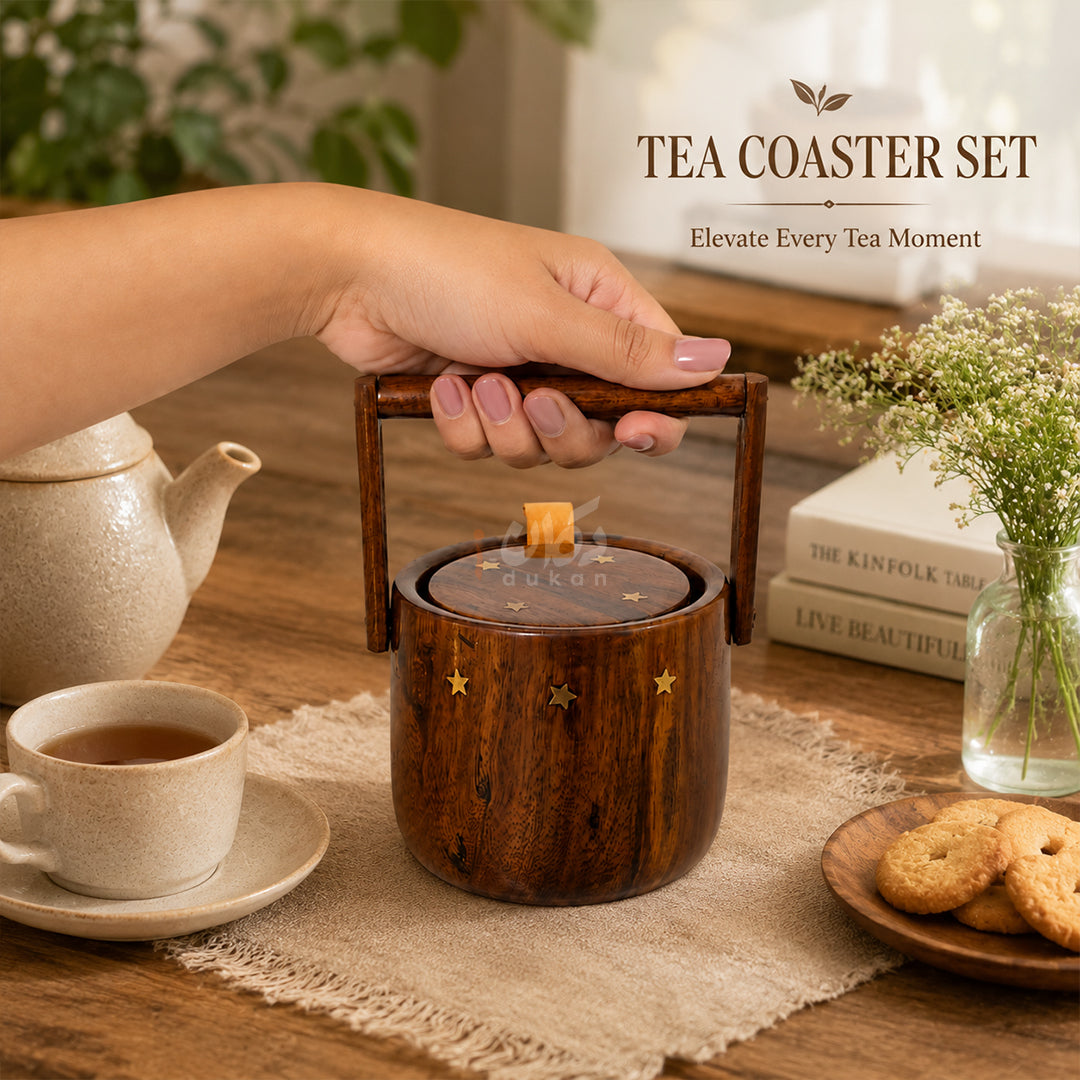 6 Pieces Solid Sheesham Wood Tea Coaster Set with Holder