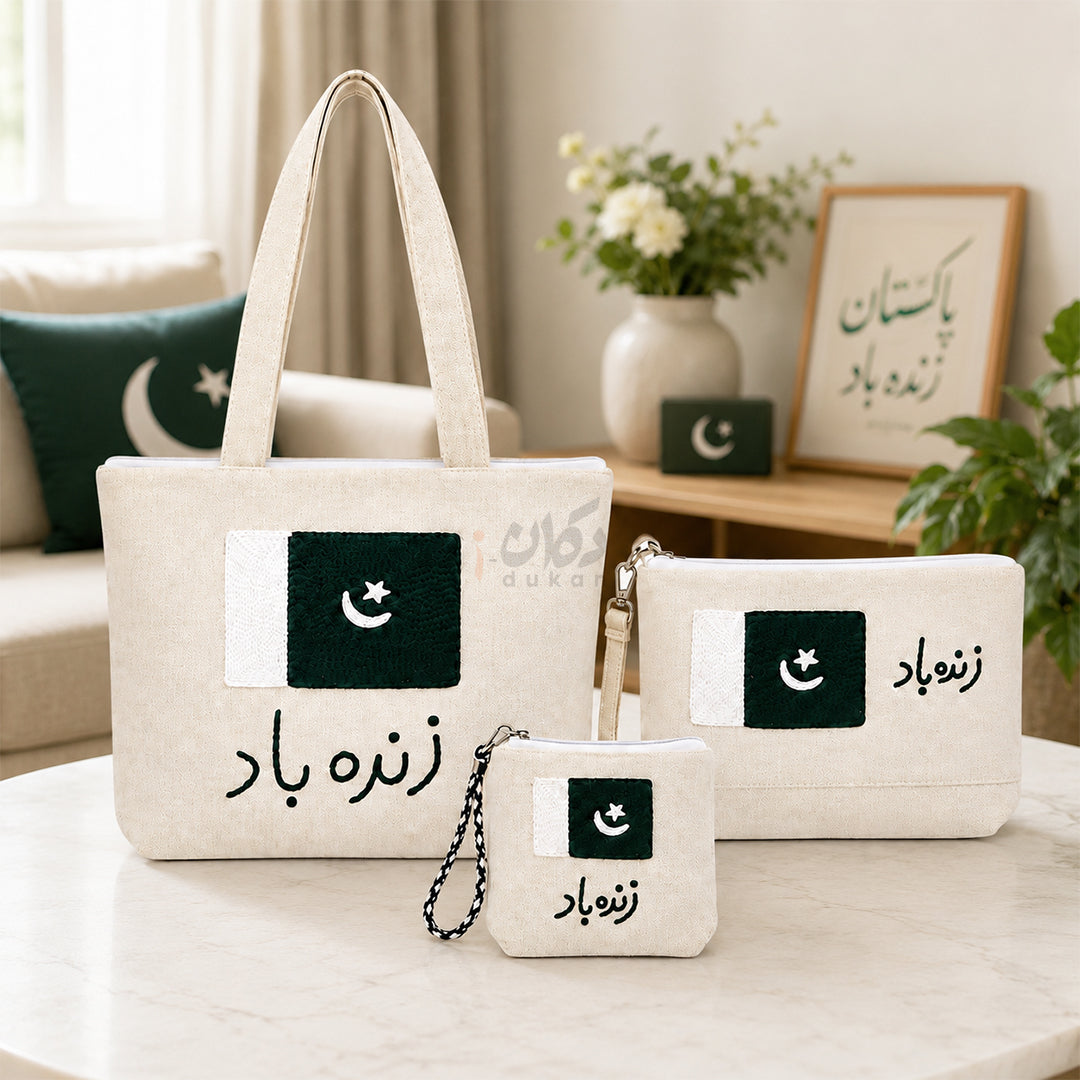 Azadi Special Hand Embroidered Cotton Canvas Bags for Women with Pakistan Flag and Zindabad Text