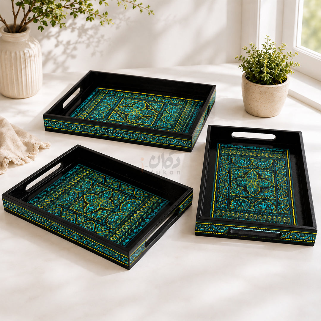 Naqshi Art Wooden Serving Tray Set – Handcrafted for Decorative and Serving - Green