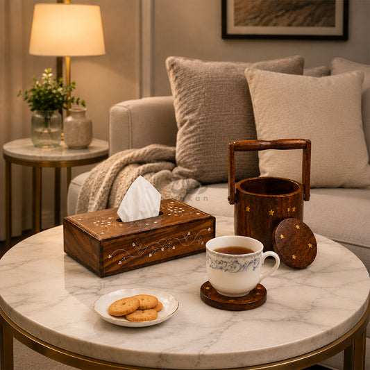Wooden Tea Coaster & Tissue Box Set – Hand Brass Work Sheesham Wood